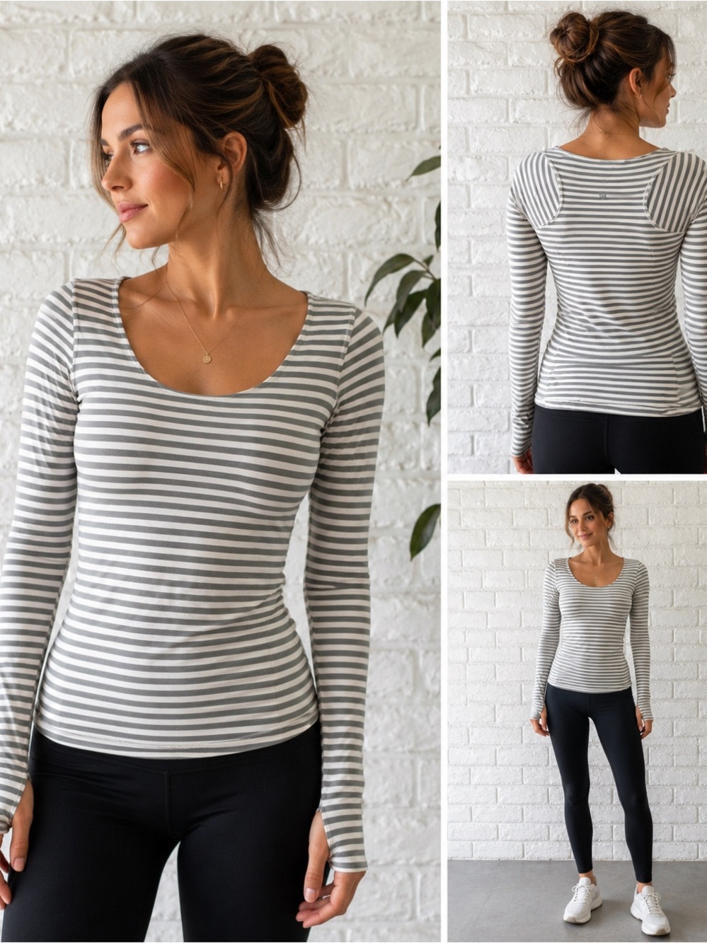 Lululemon Gray White Striped Long Sleeve Top Large A-12